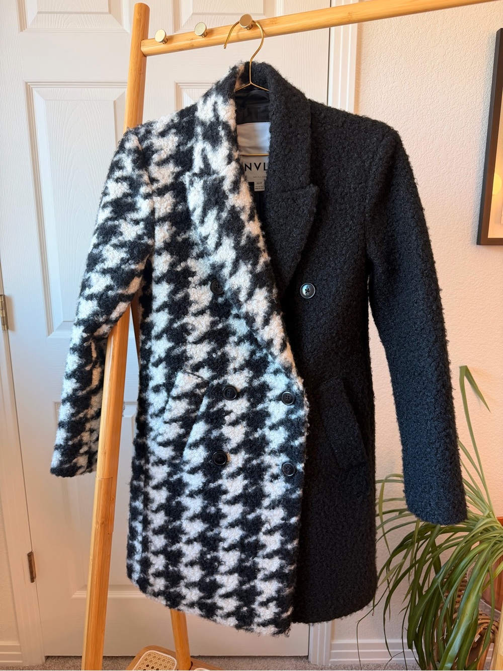 NVLT Black & White Houndstooth Bouclé Double-Breasted Pea Coat